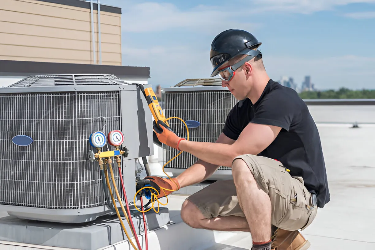 HVAC technician working on an outdoor condenser unit