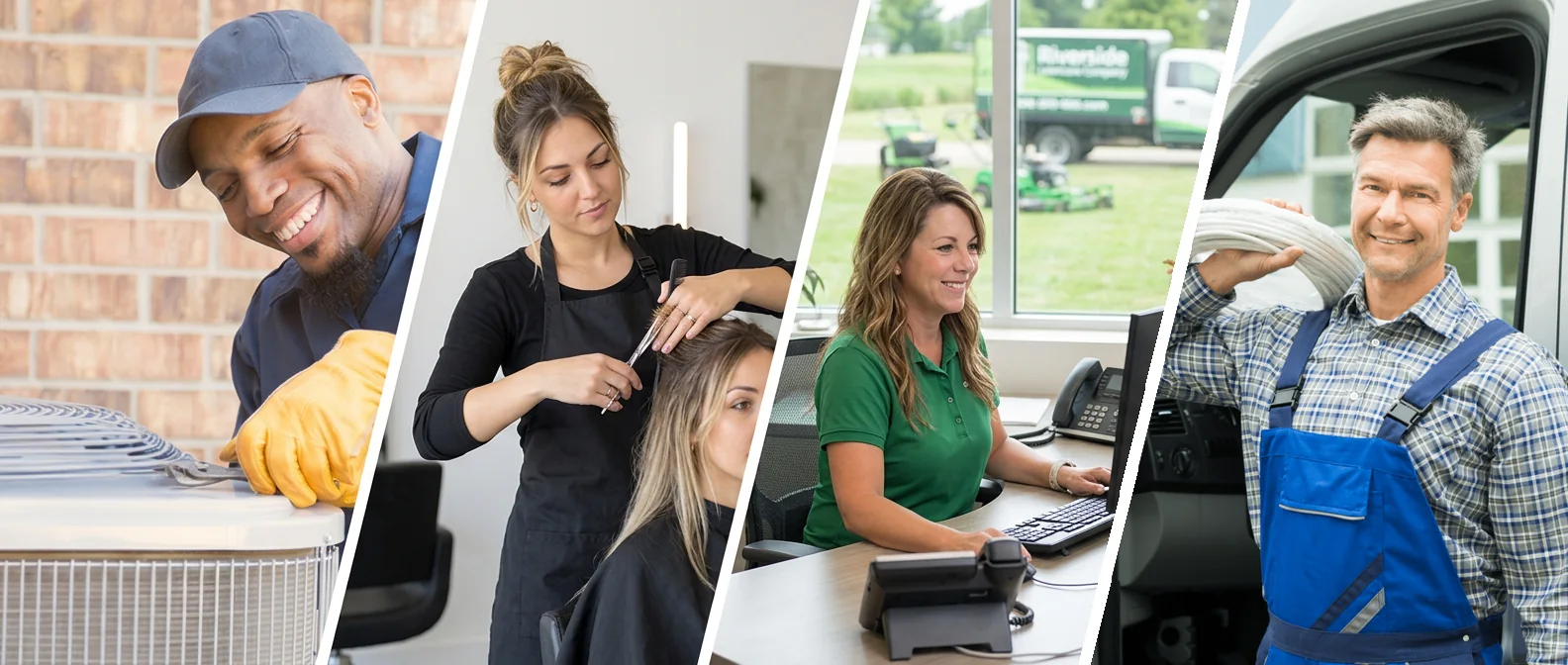 A technician, hair stylist, lawncare office coordinator and plumber at work